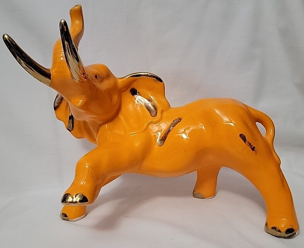 Lucky Ceramic Orange Elephant w/ Gold Trim Upturn Trunk on Three Legs Feng Shui