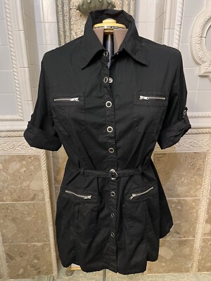 Drama Gold.  Size 2X.  Black Snap Up Belted 4 pockets Cotton Shirt.  B109