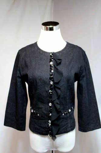 Womans Black Denim Jacket by Ruby Road Fitted Embellished Size 8 - Picture 9 of 12