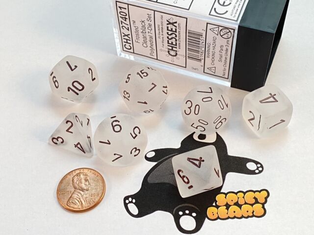 Chessex Frosted Clear Polyhedral Dice With Black Numbers Set of 7 for sale online