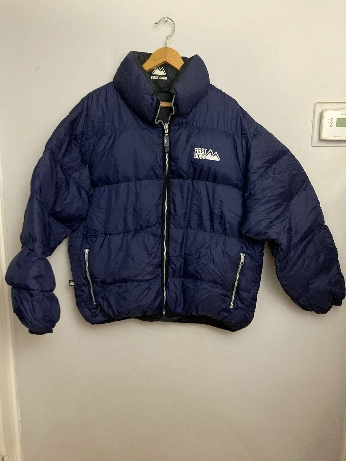 Vintage First Down Puffer Jacket Men XL Black Blue Reversible 90s