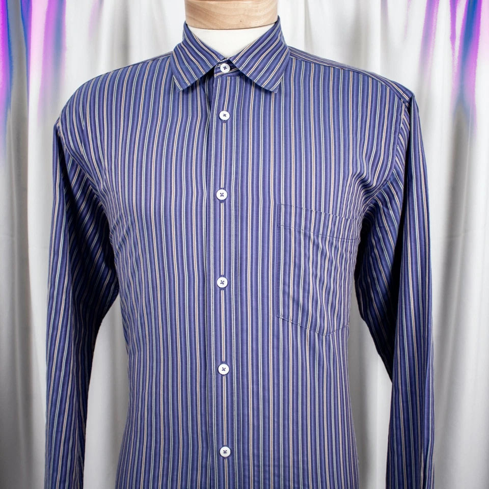 Camisa de vestir BUGATCHI púrpura lavanda gris naranja rayas para hombre talla L Foto 4 de 4