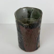 Raku Pottery Planter / Vase - Rustic Lined Design-Signed Thiel ‘76