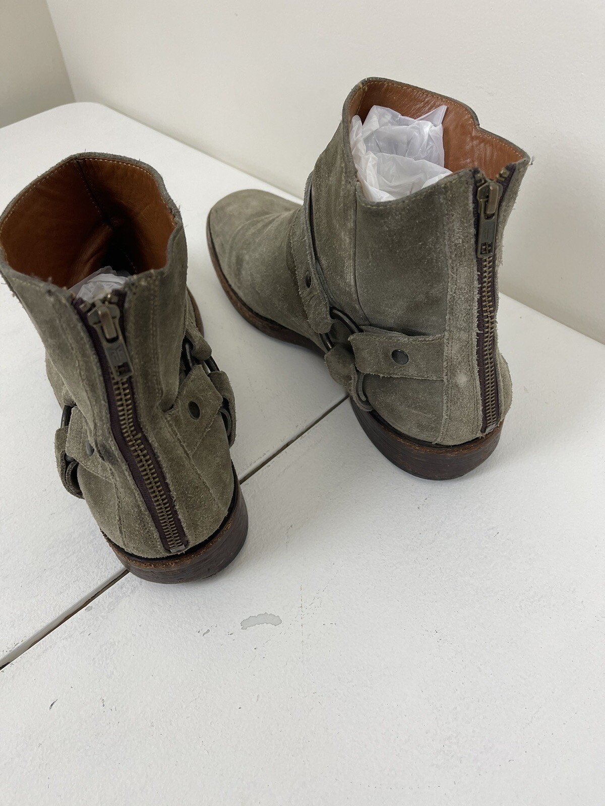 Frye Weston Harness Ankle Boots Suede Distress Boots Gray Cross Strap Men 11.5 eBay