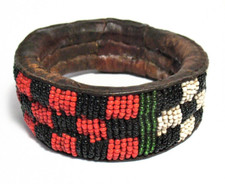 OLD AFRICAN BEADED THICK LEATHER LARGE BANGLE BRACELET 1 1 1/4" WIDE J-1124