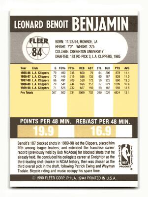 Benoit Benjamin 1990-91 Fleer #84 Los Angeles Clippers Mint | eBay
