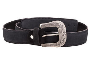 Mens Western Belts Antique silver belt buckle Cowboy Cowgirl Black suede leather