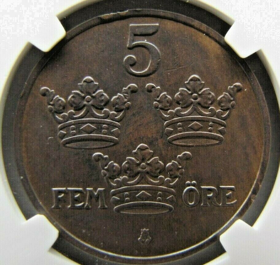 Sweden 5 Ore 1909 (Large cross type) NGC AU details (cleaned). Rare !