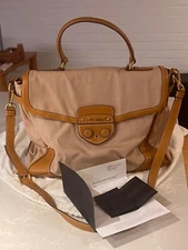 Vintage Prada Corda/cuoio Canapa And Cinghial Canvas Pattina Satchel Bag