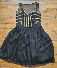 Guess Los Angeles DRESS (Size 4) BLACK & GOLD Skater/Fit & Flare MESH Beaded