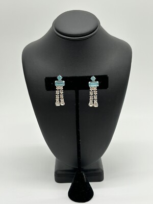 Vintage Ice Blue Crystal Rhinestone Earrings Silver Chandelier Stunning Screw On