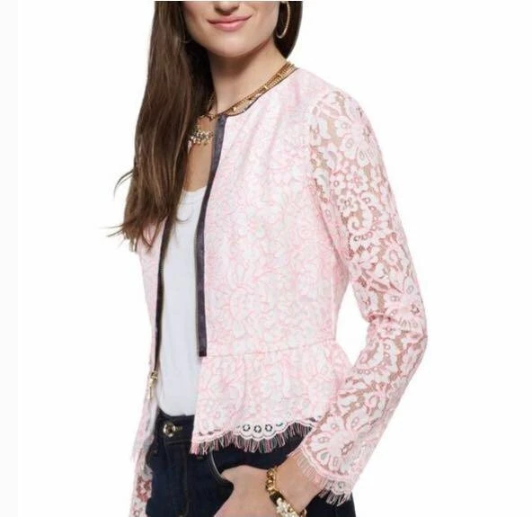 Y2K Juicy Couture Pink Neon Corded Lace Zip Jacket Peplum Frayed Crop Top 2 - Image 3 of 4