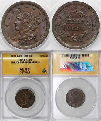 1854 1/2c Braided Hair Half Cent ANACS AU 55 Details Struck Through Debris