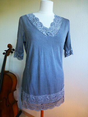 TREDY blouse top, lagenlook with lace, medium grey, size 40