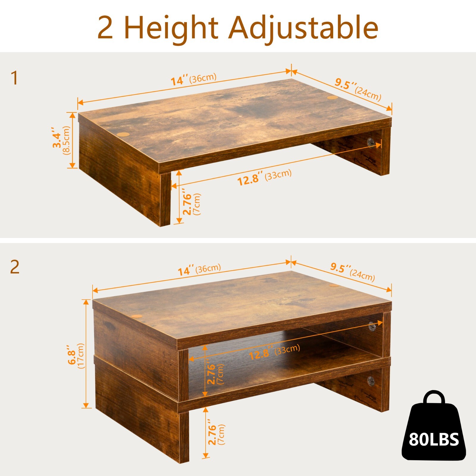 Monitor Stand Riser2 Pack, Rustic Brown Wood Adjustable Dual Monitor