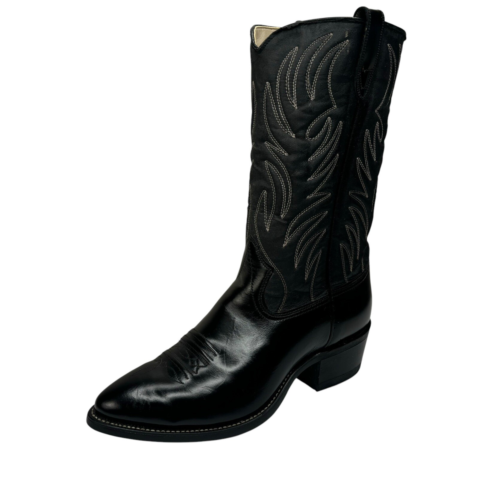 Black Leather 12” Cowboy Boots Texas Brand Boot Co. Size 11 D Beige Stitching