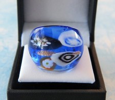 Bohemian style Blue abstract Flower Hand Blown Glass Bling Ring - Size 7.75