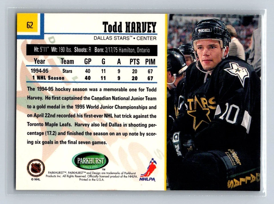 1995 Parkhurst Emerald Ice Todd Harvey #62 Dallas Stars - Image 2 of 2
