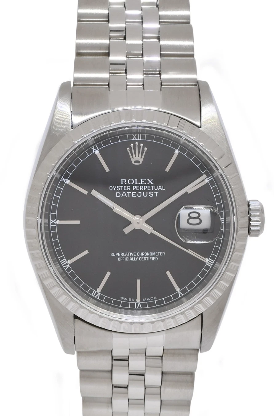 Rolex — Rolex Datejust Steel Black Dial Jubilee Bracelet 36mm Watch +Papers K 16200