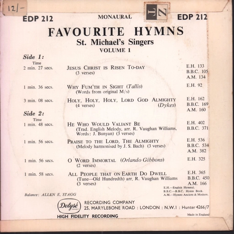 St. Michael's Singers Favourite Hymns, Volume 1 7" vinyl UK Delysé 1961 mono ep - Image 2 of 3