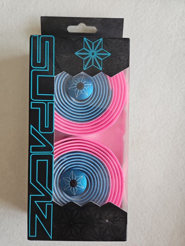 Supacaz Super Sticky Kush Bar Tape  Neon Pink Blue With Bar Ends