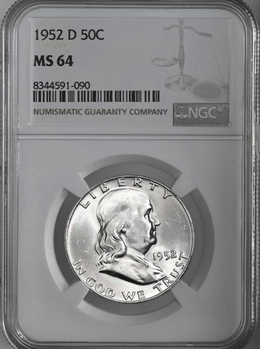 1952-D  50C  FRANKLIN SILVER HALF DOLLAR  "DENVER MINT"  NGC MS64 #8344591-090