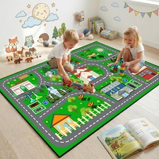 Iwrjfqwr Car Rug Play Mat - Green Road Rug For Kids Boys Room Fun Race Track