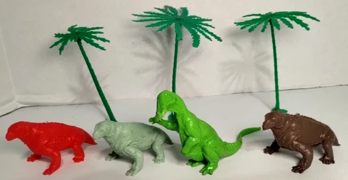 Prehistoric Playset Lot Marx Dinosaurs 3 Moschops + 1 Hadrosaurus w/3 Palm Trees