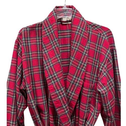 LL Bean Men's Red Plaid Stewart Tartan Cotton Flannel Robe Preppy Cabin Sz L - Picture 2 of 5