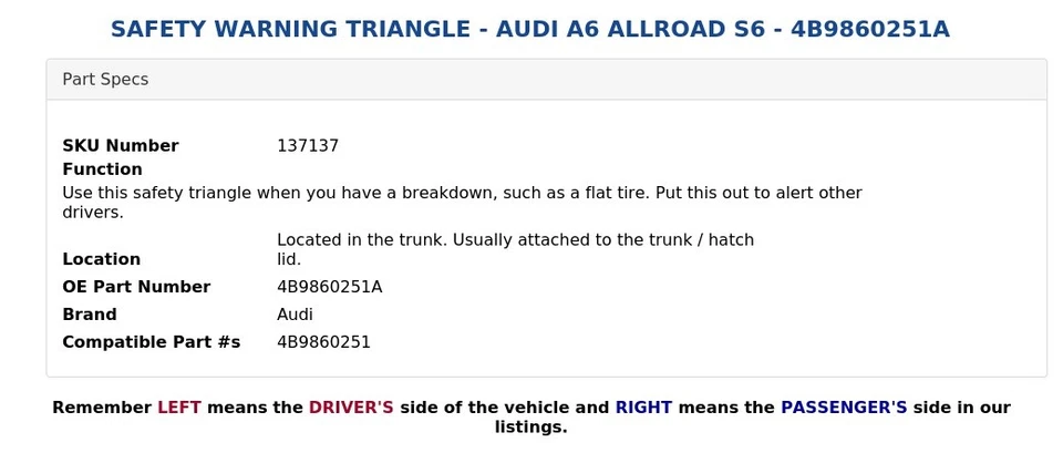 TRIÁNGULO ADVERTENCIA SEGURIDAD - AUDI A6 ALLROAD S6 - 4B9860251A Foto 3 de 4