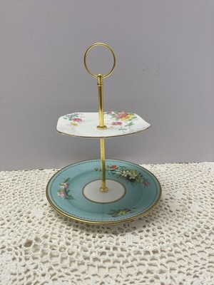 Wellington Best Bone China England Turquoise/White 2-Tier Cake Stand