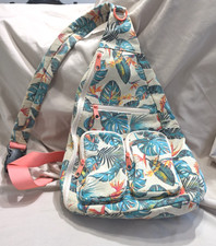Tropical Print Sling Backpack Canvas Coral Strap accents Teardrop Shaped