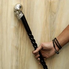 36'' Antique Brass Skull Head Handle Black Wooden Walking Stick Handmade Gift
