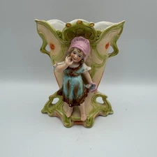 Vintage Art Nouveau Porcelain Figurine Vase Girl Pink Bonnet Wall Pocket