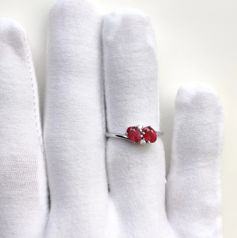 Sterling Silver Ruby Ring • Twin Oval Gemstones • Diamond Accent Design • Gift - Image 2 of 4