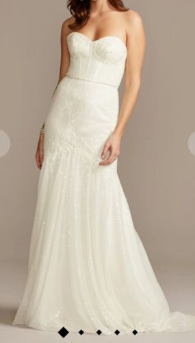 Galina Signature Ivory Full Sequin Applique Corset Mermaid Wedding Gown Sz 6 Nwt