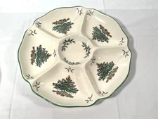 Spode CHRISTMAS TREE Green Trim 11-1/2" 6-Section Hors D'Ouevre Tray, England 