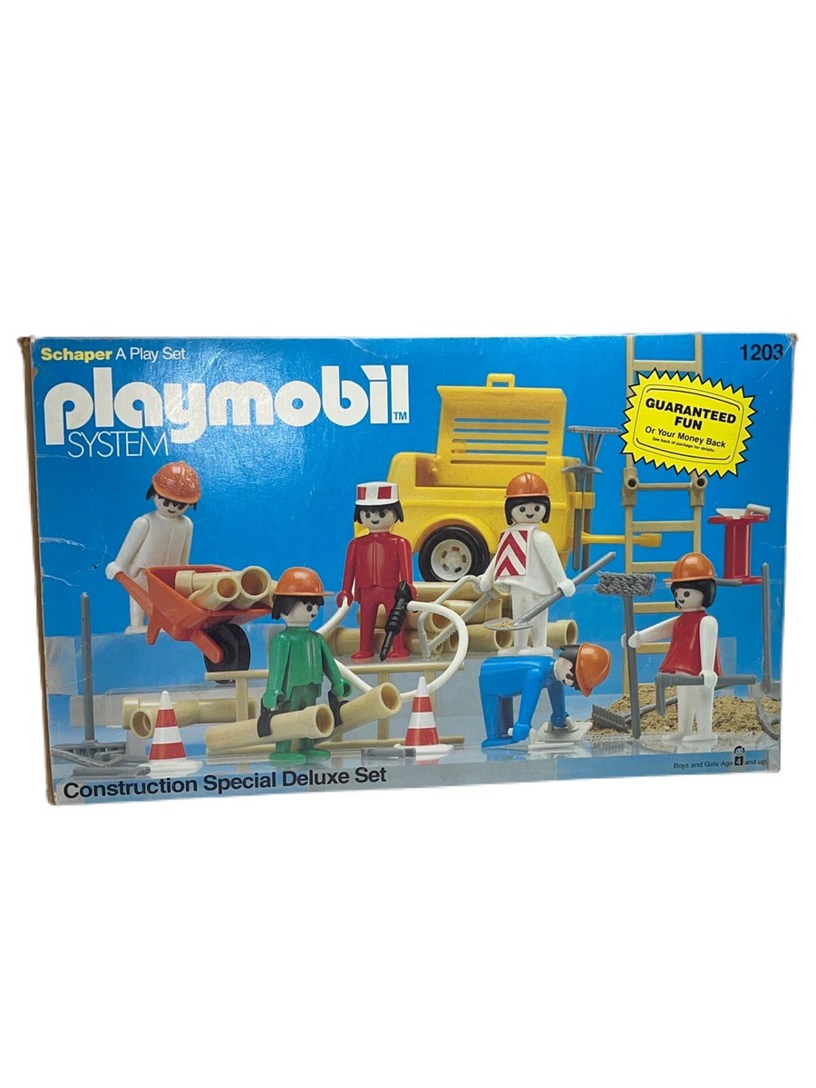 Vintage Playmobil Constuction Play Set 1203 Wheelbarrow Hard hats