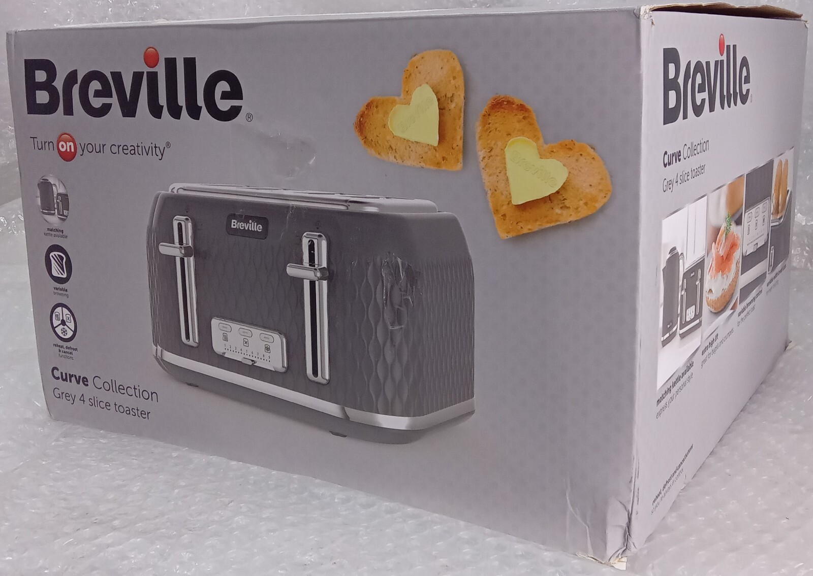Breville VTT786 Curve 4 Slice Toaster Extra Wide Bagel Slots Grey and