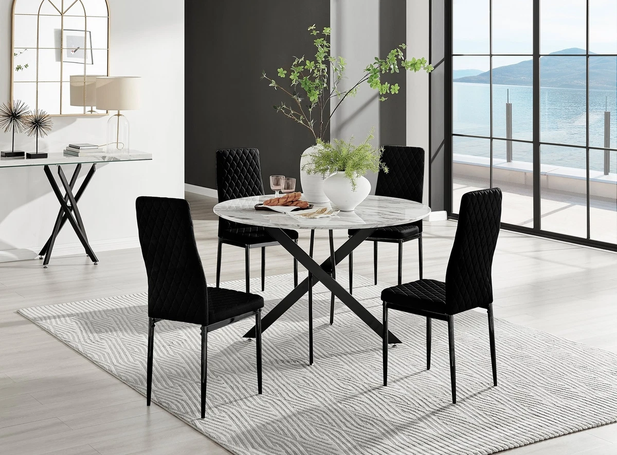 Novara White Marble Black Leg 120cm Round Dining Table 4 Velvet