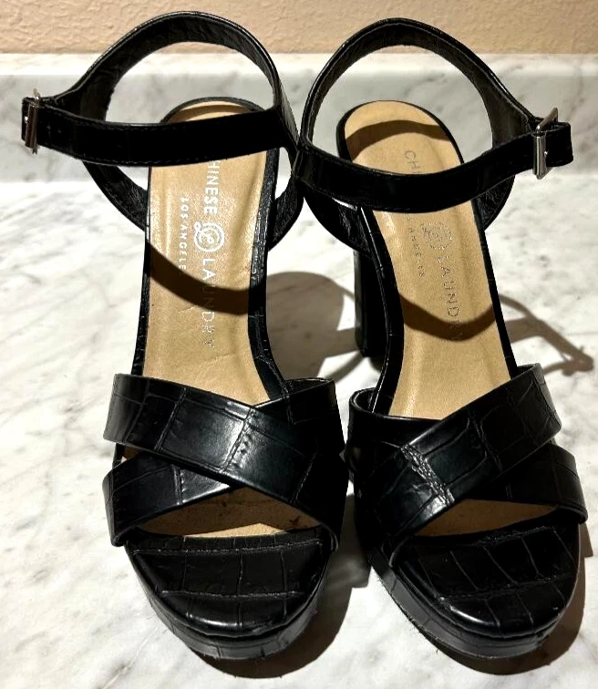 Sandalias chinas con plataforma de lavandería talla 8 correa para el tobillo negras 4,5 pulgadas tacones talla US-7 Foto 3 de 4