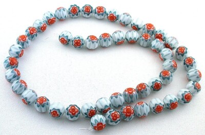 8mm Turquoise White Orange Flower Lampwork Glass Bead 15'' Strand 8mm GB2/61523