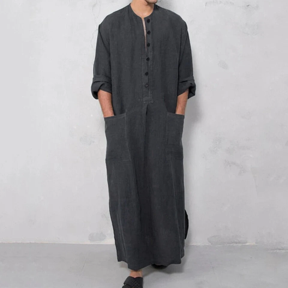 Hombres Árabe Musulmán Bata Suelta Islámica Thobe Informal Jubba Kaftan Batas Largas Ropa Foto 3 de 4