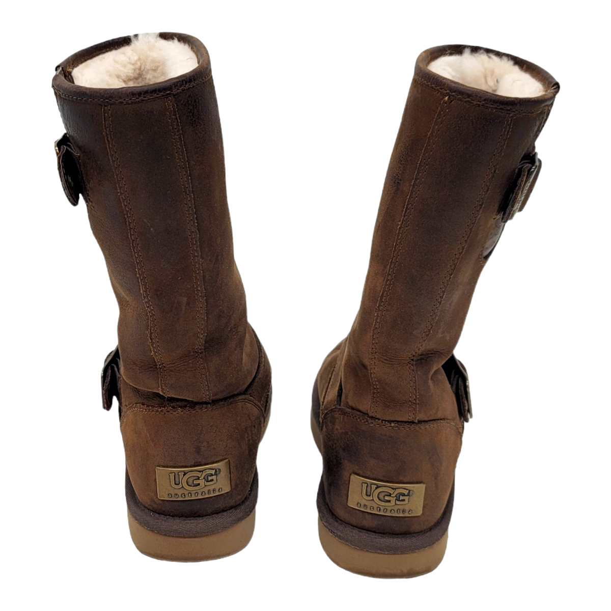 UGG Women 9 Sutter Moto Boot Mid Calf Brown Suede Shearling Lined Buckle 1005374 Ugg Noira Chestnut Suede Moto Mid Calf Buckle | Mercari main image 4
