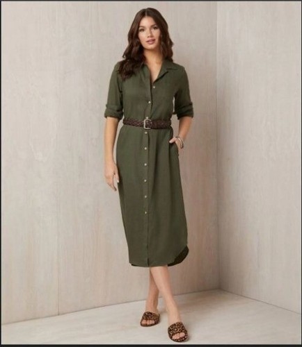 NWT Karen Kane Women's M MIdi Shirt Dress Linen Long Sleeve Olive Green