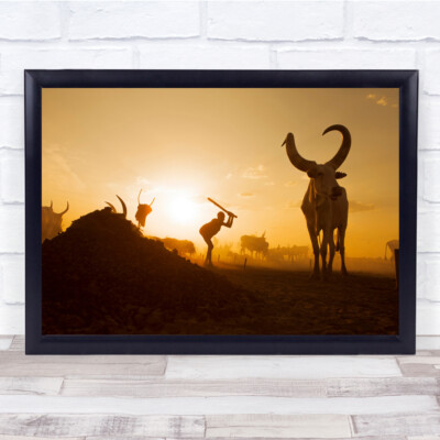 Mundari Rinderlager Sonnenuntergang funktionierender Wandkunstdruck