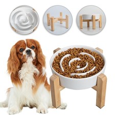Elevated Slow Feeder Dog Bowl - Ceramic Maze Food Dish with Bamboo Stand Raised