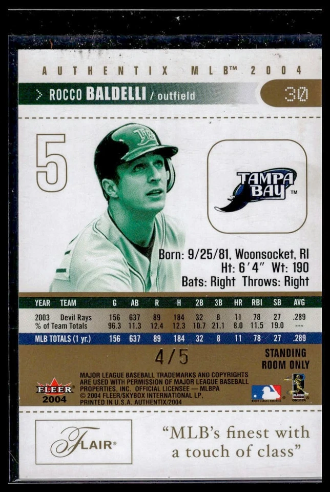 Fleer Authentix Rocco Baldelli 2004 habitación de pie solo 30 TB Devil Rays #/5 Foto 2 de 2