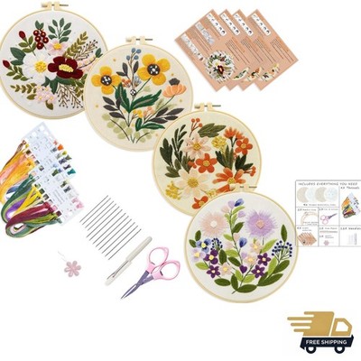 Beginner Embroidery Set 4 Assorted Color Threads Fabric Pattern Kids Craft
