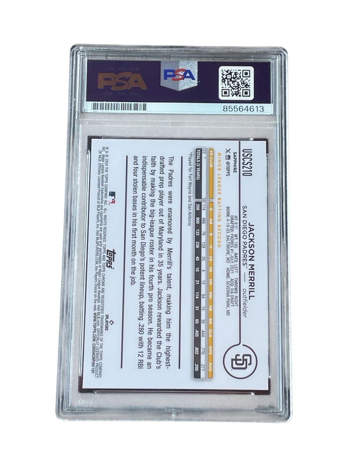 Jackson Merrill Signed Card 2024 Topps Chrome Update Sapphire Auto - PSA 10 view 2